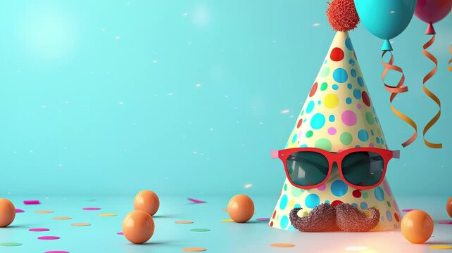3D background concept for April Fools. A birthday hat, glasses, and mustache in plain background.