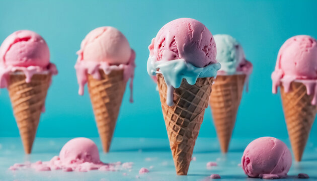 Coni gelato che si Sciolgono su Sfondo Blu Pastello II