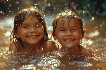 Obraz premium Sisters sharing a moment of laughter while splashing in the water during sunset