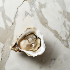 Fototapeta na wymiar A small oyster shell sits on a marble countertop. The shell is white and has a brown tip. Concept of delicacy and elegance, as the oyster shell is a symbol of luxury and refinement