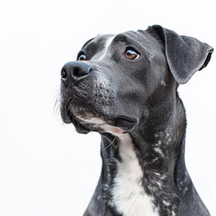 A black and white dog with a white spot on its face is staring at the camera. The dog's expression is serious and focused