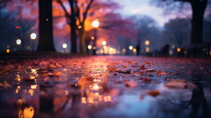 Wet autumn leaves on the ground with city lights reflection. Seasonal urban concept. - obrazy, fototapety, plakaty