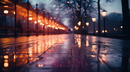 Rainy evening on city street with glowing lamps. Urban autumn and weather concept. - obrazy, fototapety, plakaty