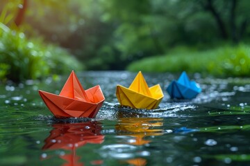 Vividly colored paper boats float serenely on water, evoking childhood, playfulness, and the simple joys of life