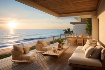 Coastal elegance: a beach house with a spacious balcony and ocean views