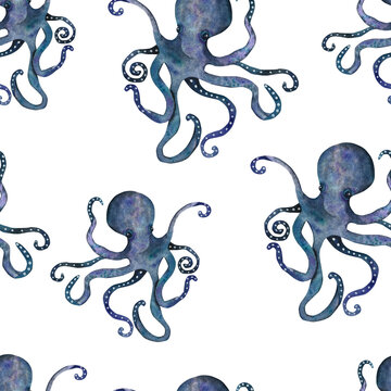 Blue octopus, seamless pattern, watercolor illustration