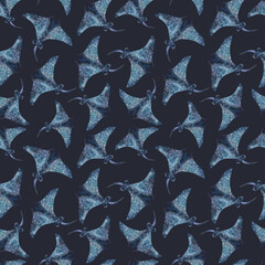 Sea stingray, seamless pattern, watercolor illustration
