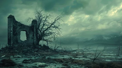  A desolate landscape with a tree and a ruined building. Scene is eerie and haunting © Kowit