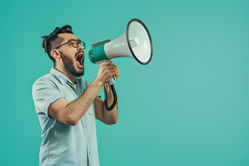 Side view of man holding megaphone and screaming - obrazy, fototapety, plakaty