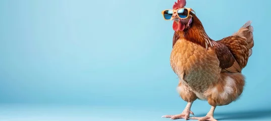 Foto op Plexiglas Playful chicken wearing sunglasses posing on pastel colored backdrop with room for text placement © Ilja