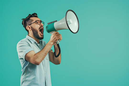 Side view of man holding megaphone and screaming