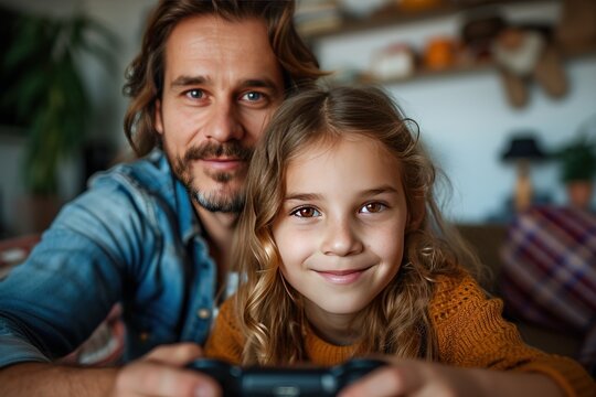 Gaming, family or children with a father and daughter in the living room of their home playing a video game together.