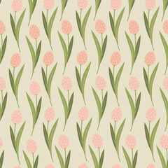 Easter tulips on seamless pattern. Easter eggs, branches, flowers in pastel gentle colors. - 763422300