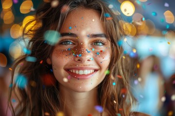 Joyful young woman surrounded by confetti, glitter on her face, expressing happiness and cheer