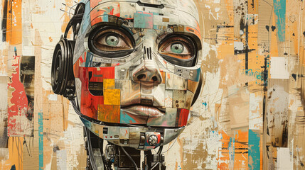 A woman's face is made of various materials, including cardboard and wires. The painting is abstract and has a futuristic feel to it