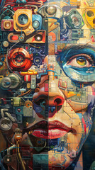 A painting of a man's face with a lot of machinery and electronics on it. The painting is titled "The Cyborg"
