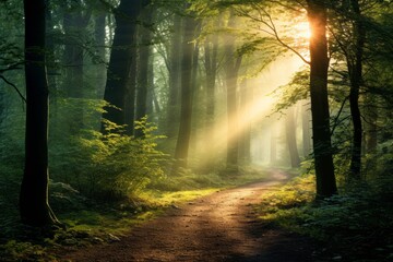 Dreamy forest path leading to a secluded clearing bathed in sunlight