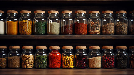 A  background featuring a colorful assortment of spices and herbs neatly organized in jars on a kitchen shelf.