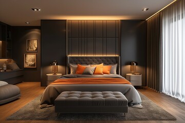 a contemporary interior design with a lounge, bedroom, and black wall texture background.