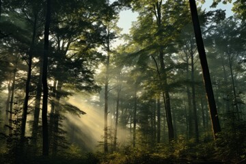 Fototapeta na wymiar Early morning light kissing the treetops in the woods