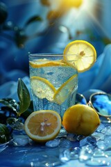 Cool beverage with lemon awaits on a sunny day beside blue shades. Refreshing citrus symphony. A visual ode to summertime bliss