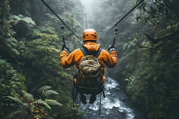 Adventure seekers zip through lush Costa Rican rainforests in thrilling ziplining tours. Concept Ziplining, Costa Rica, Rainforest, Adventure Tours, Thrilling Experience