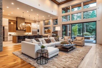 Beautiful and large living room interior with hardwood floors, fluffy rug and designer furniture - obrazy, fototapety, plakaty