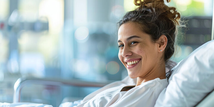 Happy female patient lying on bed in hospital room