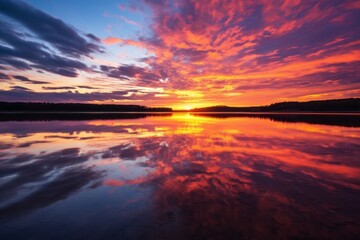 Fototapeta na wymiar Stunning sunset over a tranquil lake with clouds mirrored in the shimmering water