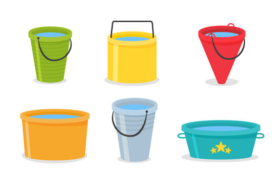 Various buckets. Isolated vector set. Illustration of ladle and container, bucket with handle