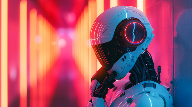 A robot with a red face stands in a long hallway. The robot is wearing a white helmet and has a red face. The hallway is lit with neon lights, creating a futuristic and industrial atmosphere