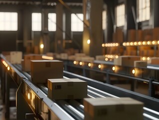 Modern Warehouse Fulfillment System: Cardboard Packages on Conveyor Belt