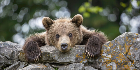 Fototapeta premium European brown bear, cub lying on a rock