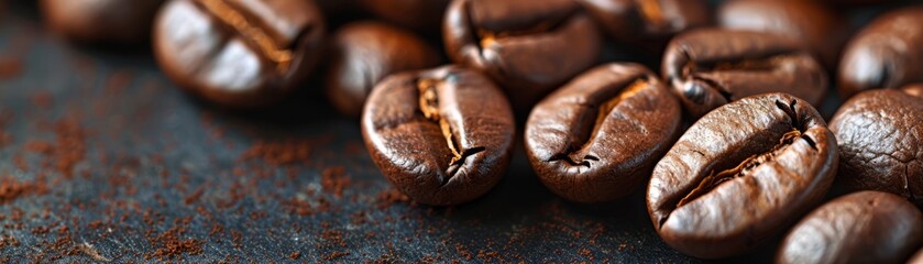 A captivating banner background showcases freshly roasted coffee beans in high detail - obrazy, fototapety, plakaty
