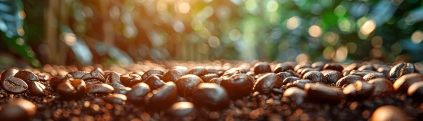 Foto op Plexiglas A captivating banner background showcases freshly roasted coffee beans in high detail © Thanaphon