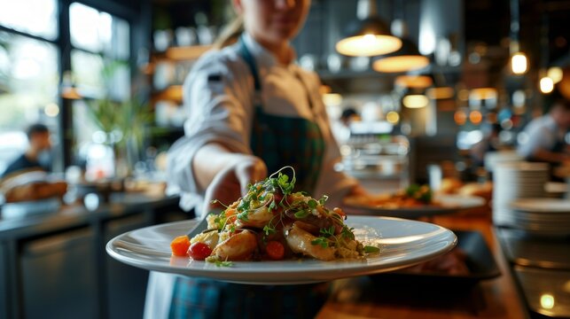 Hospitality in action with a wholesome plate handed over in a busy eatery. A chef's fresh, flavorful vegetable creation