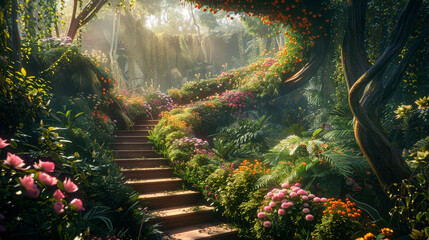 A lush, colorful garden with a winding staircase leading up to a tree. The flowers are in full bloom, creating a serene and peaceful atmosphere