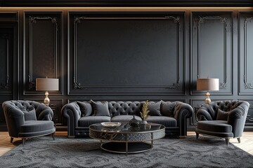 Black sofa and armchairs against of black classic paneling wall. Art deco style interior design of modern living room