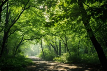 Lush green forest canopy under soft sunlight