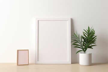 Empty white picture frame and a potted plant on a table