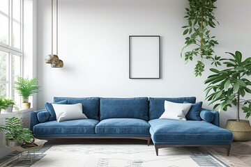 blue sofa and white wall in modern living room AI Generated