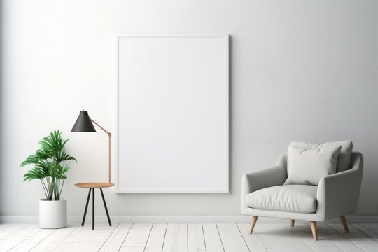 Minimalist white room with a chair and a blank white poster
