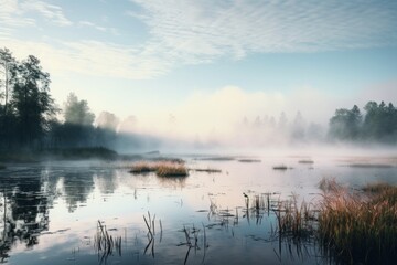 Fototapeta na wymiar Misty morning scene with fog rising above a serene water body