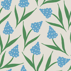 Simple floral design. Silhouettes of blooming lilac flowers in vintage style. Elegant seamless botanical pattern of spring flowers. Natural ornament for textile, fabric, wallpaper, surface design