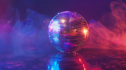 Shiny colorful disco ball perfect sphere with lights from rear, with copy space for text.