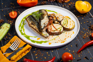 baked mackerel fish in a pan with lemon herbs and spices, banner, menu recipe place for text, top view,