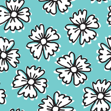 Abstract Hand Drawing Exotic Hibiscus Flowers Branches and Leaves Seamless Vector Pattern Isolated Background. Doodle white daisies.