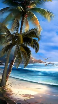 Idyllic tropical beach with palm trees and crystal-clear ocean waters. Seamless looping 4k timelapse virtual video animation background generated AI 