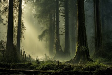 Mystical mist weaving through towering trees in the forest
