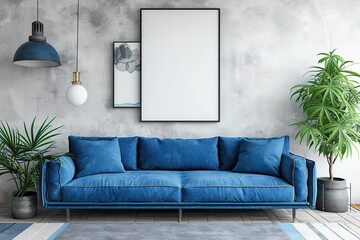 blue sofa and white wall in modern living room AI Generated